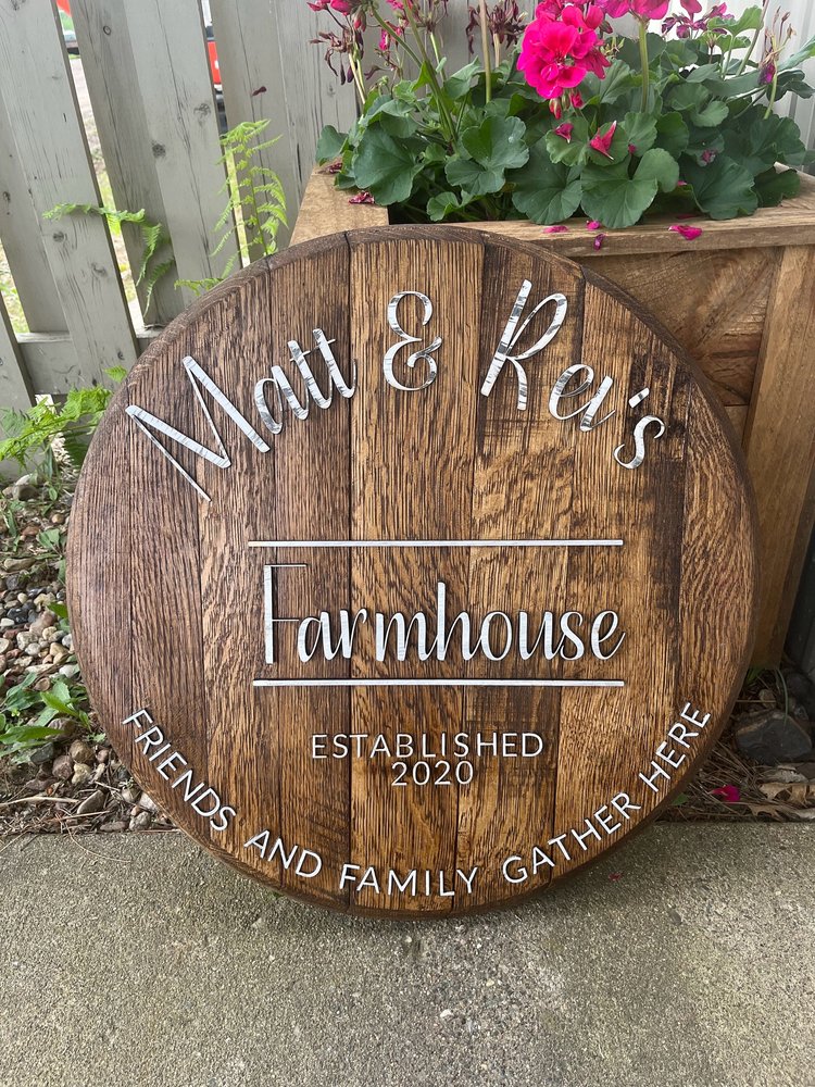 Personalized Reclaimed Whiskey Barrel Top Sign for Home Decor