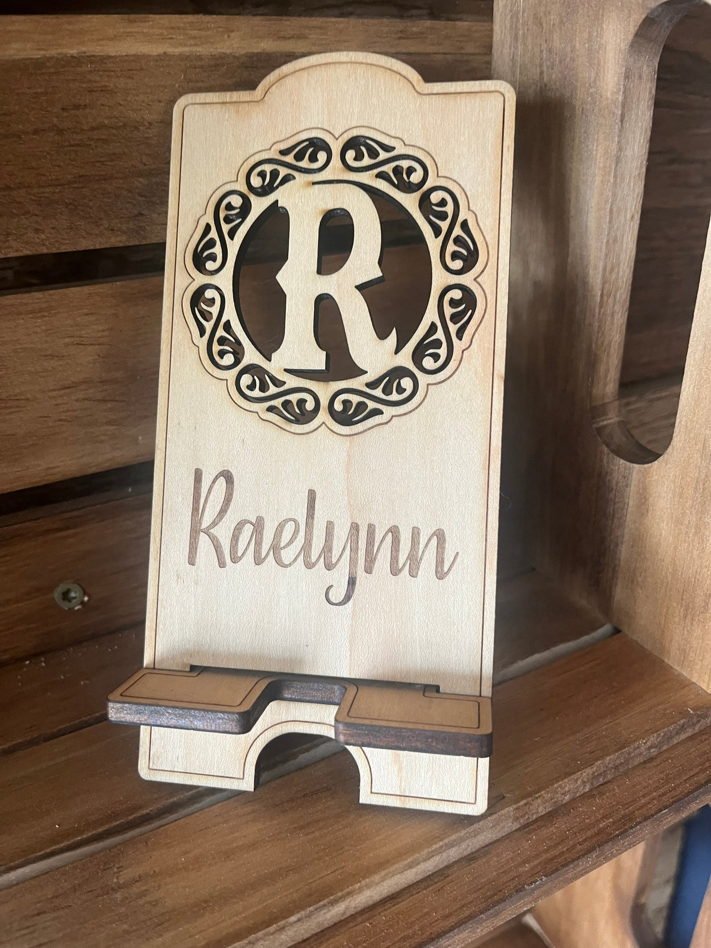 Personalized Monogram Wood Phone Stand Custom Desk Gift