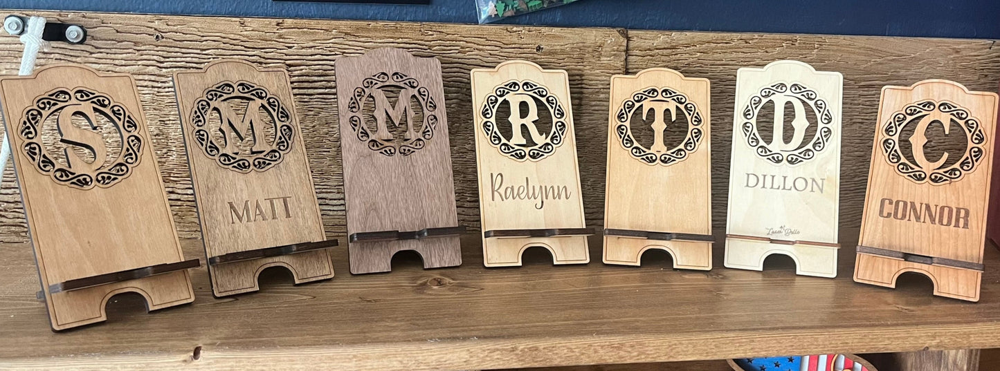 Personalized Monogram Wood Phone Stand Custom Desk Gift