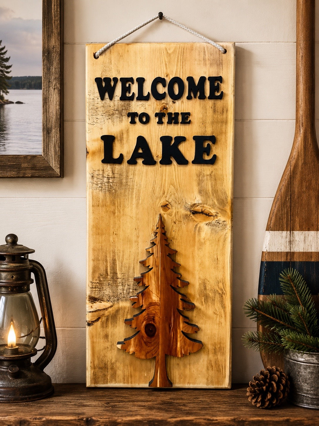 Welcome to the Lake Outdoor Wood Sign with Raised Cedar Pine Tree