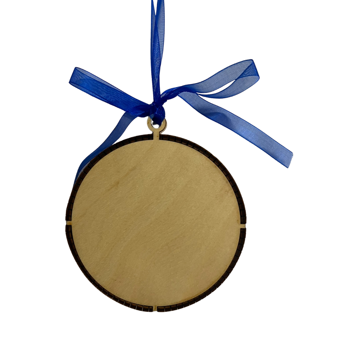 Crosslake Minnesota Laser Cut Wood Ornament Keepsake 2023 with a blue ribbon, celebrating cabin memories and beauty.