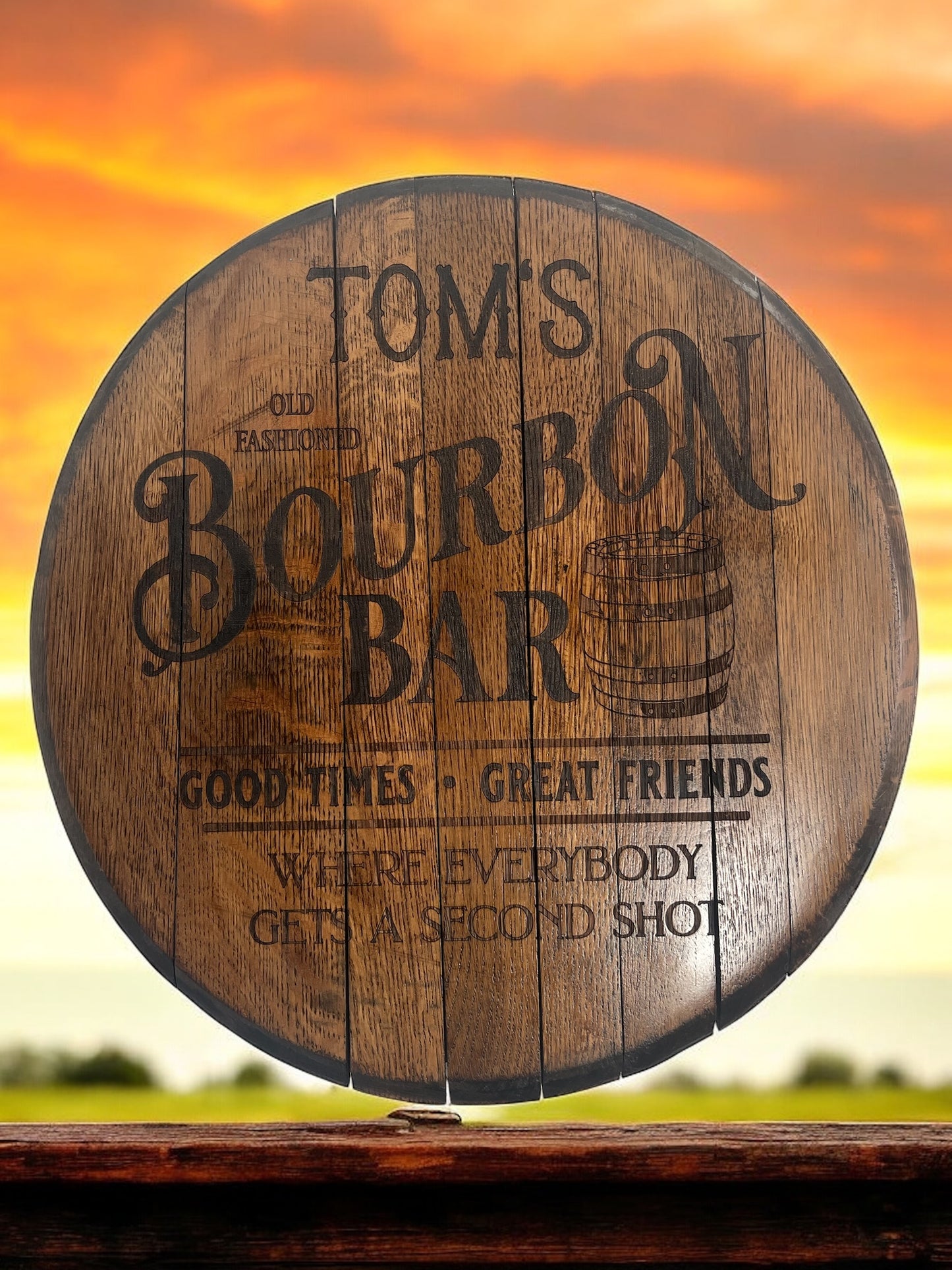 Reclaimed Whiskey Barrel Top Sign for Rustic Bourbon Bar Decor