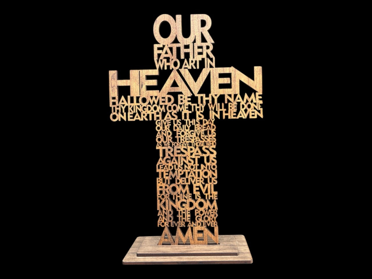 Lord's Prayer Laser Cut Cross. 1/4 inch thick Walnut adds spiritual elegance to your home with its intricate design.