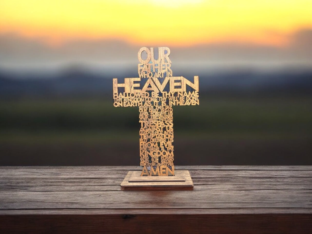 Elegant Lord's Prayer Laser Cut Cross. 1/4 inch thick Walnut, perfect for home decor and spiritual inspiration.