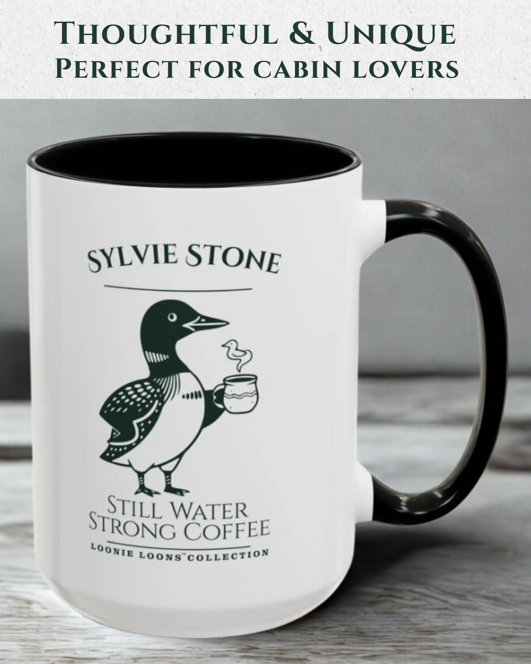 Sylvie Stone Cabin Coffee Mug – Cozy Northwoods Lake Mug