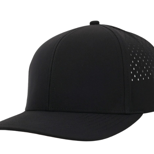 Black cap with perforated design on a white background