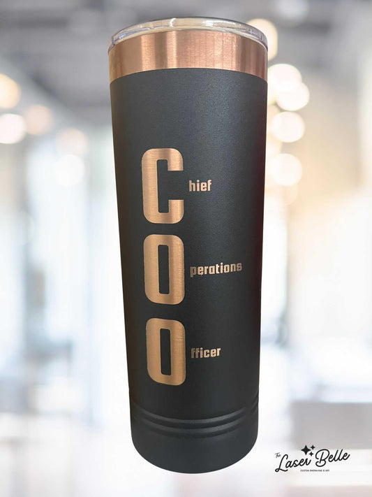 Custom 22 oz Skinny Black Tumbler with Rose Gold Engraving – Professional Title + Name – Personalized Gift for Women