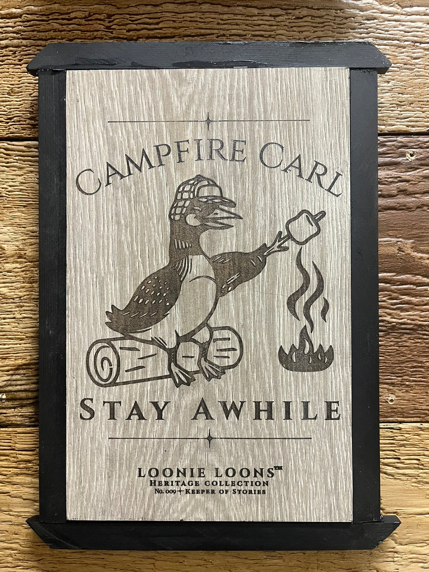 Northwoods Cabin Wall Art – Campfire Carl Loon Sign | Rustic Lake House Decor | Loonie Loons™ Heritage Collection