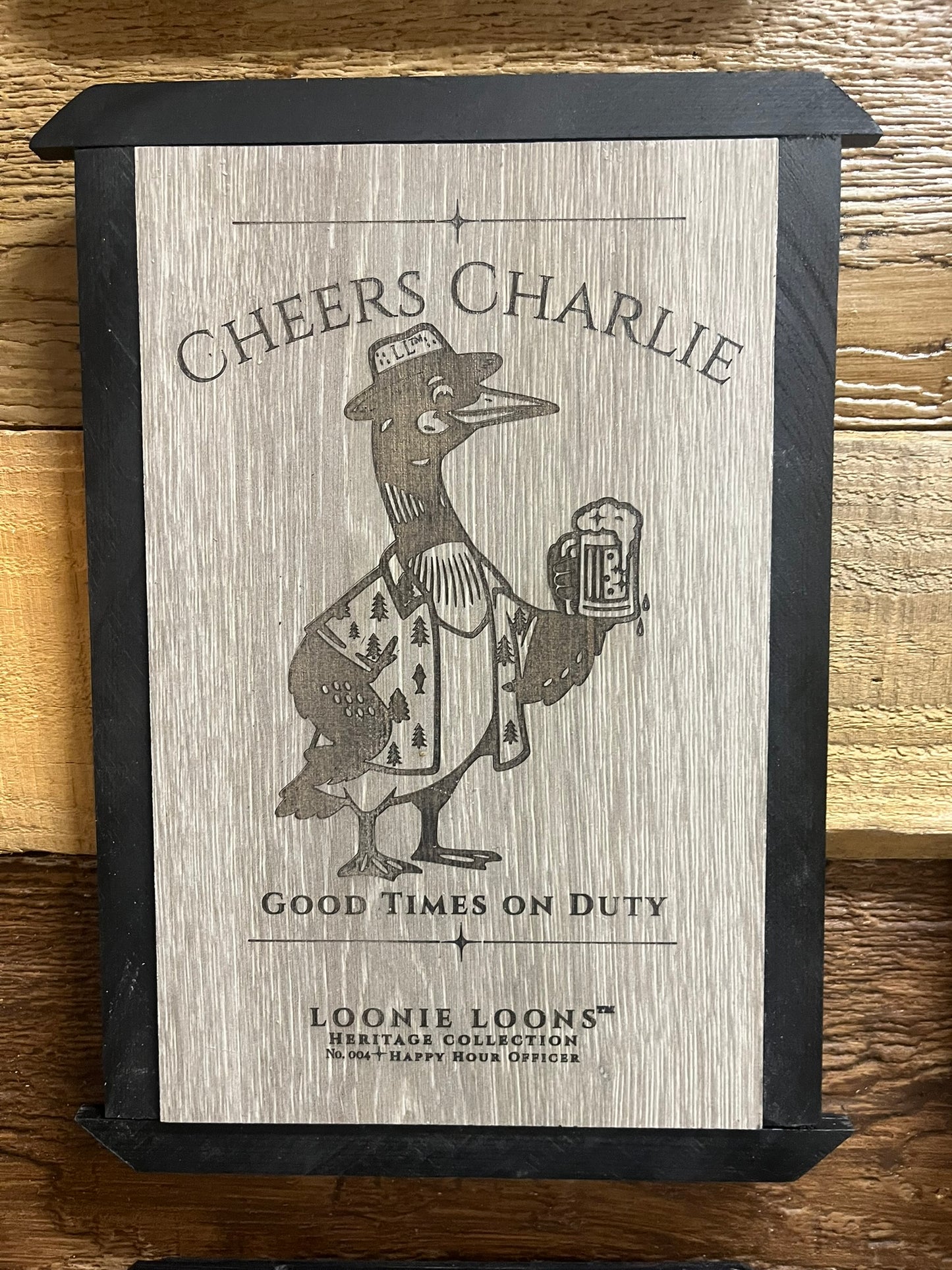 Northwoods Cabin Wall Art – Cheers Charlie Loon Sign | Rustic Lake House Decor | Loonie Loons™ Heritage Collection