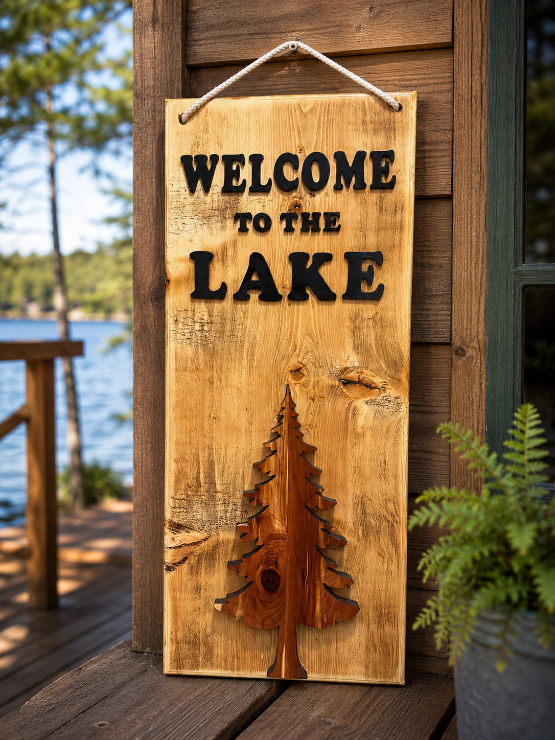 Welcome to the Lake Outdoor Wood Sign with Raised Cedar Pine Tree