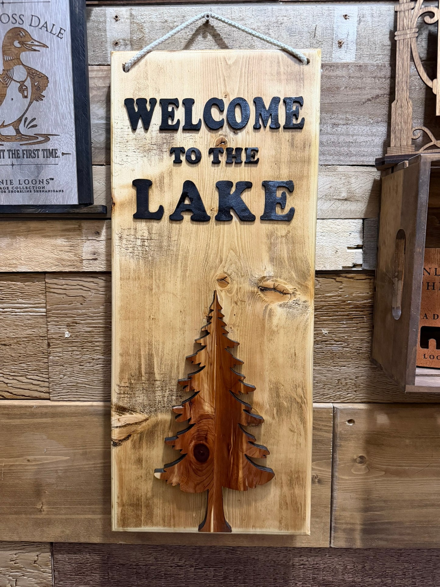 Welcome to the Lake Outdoor Wood Sign with Raised Cedar Pine Tree