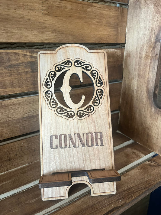 Personalized Monogram Wood Phone Stand Custom Desk Gift