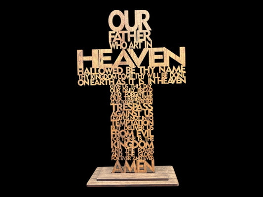 Lord's Prayer Laser Cut Cross. 1/4 inch thick Walnut adds spiritual elegance to your home with its intricate design.
