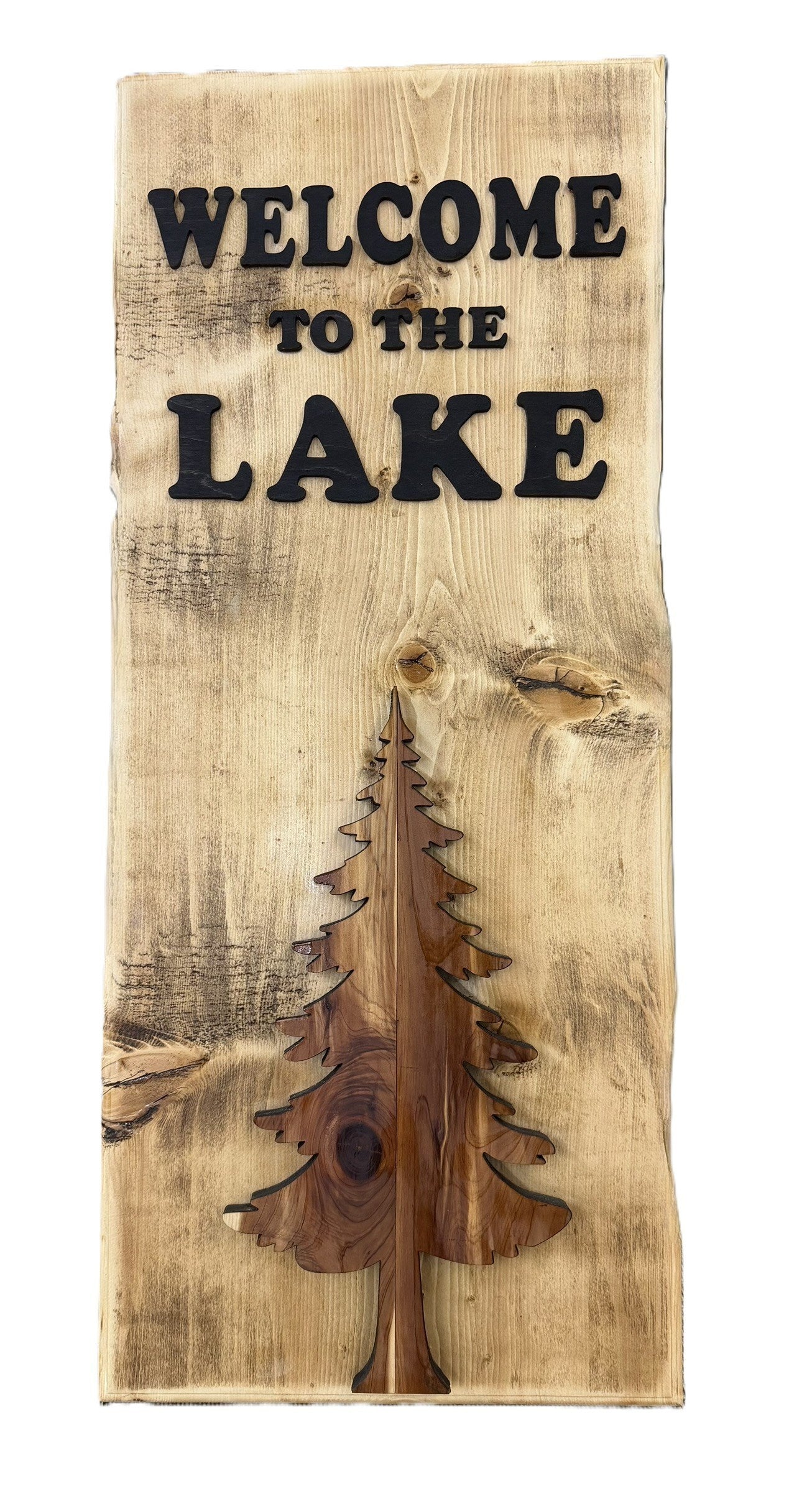 Welcome to the Lake Outdoor Wood Sign with Raised Cedar Pine Tree