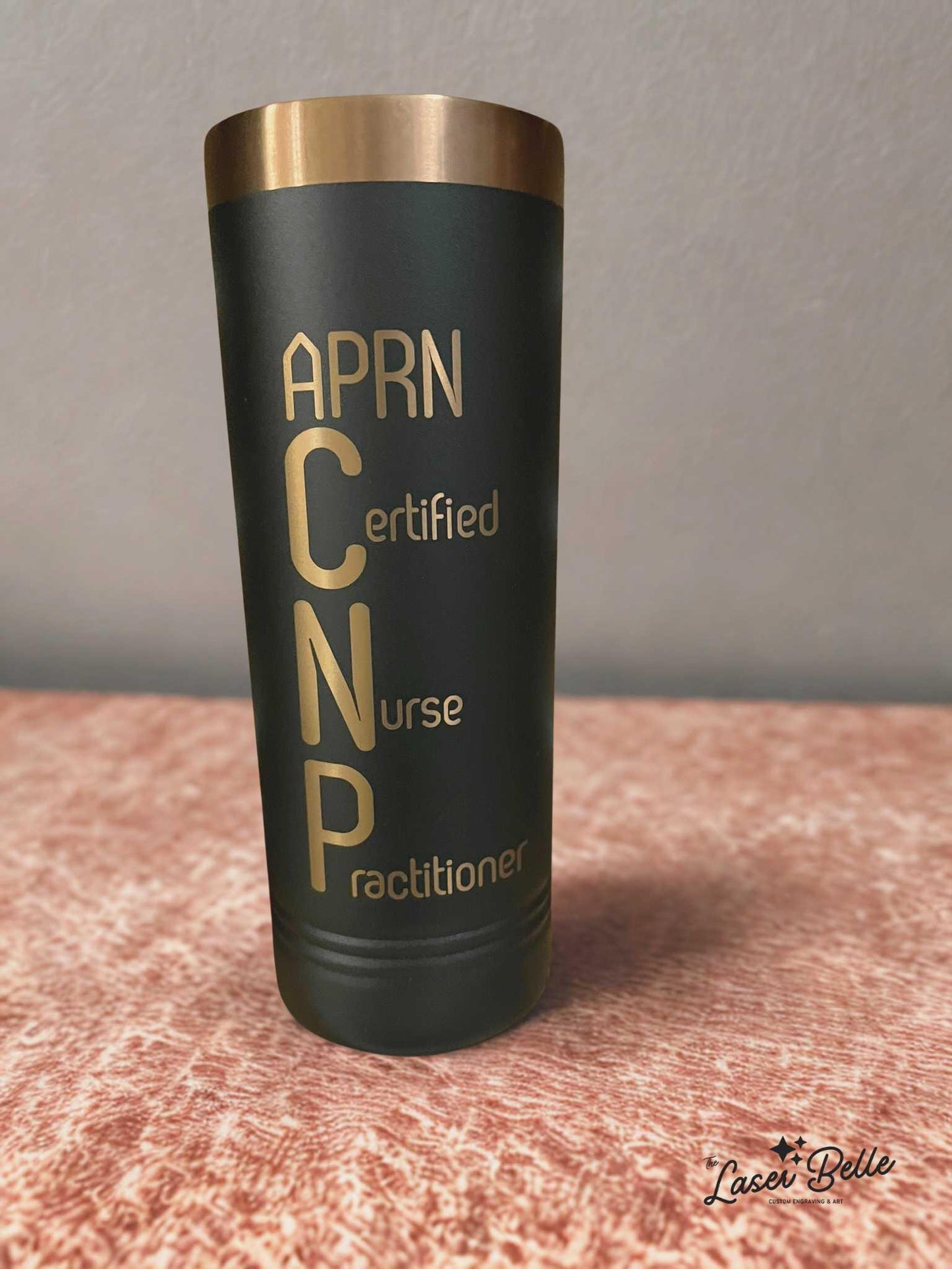 Custom 22 oz Skinny Black Tumbler with Rose Gold Engraving – Professional Title + Name – Personalized Gift for Women