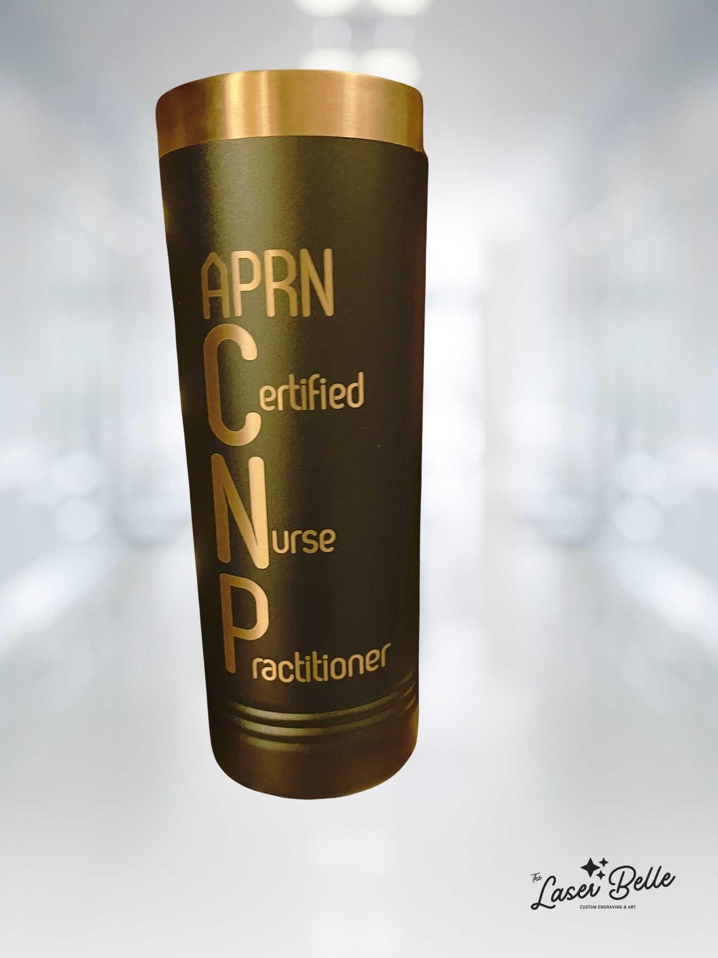 Custom 22 oz Skinny Black Tumbler with Rose Gold Engraving – Professional Title + Name – Personalized Gift for Women