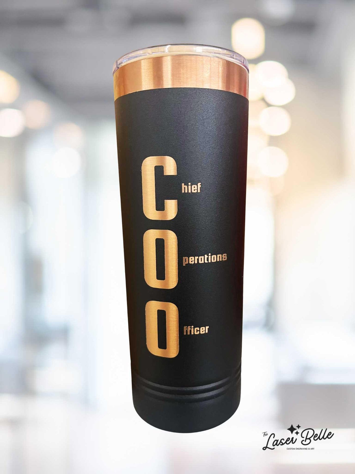 Custom 22 oz Skinny Black Tumbler with Rose Gold Engraving – Professional Title + Name – Personalized Gift for Women