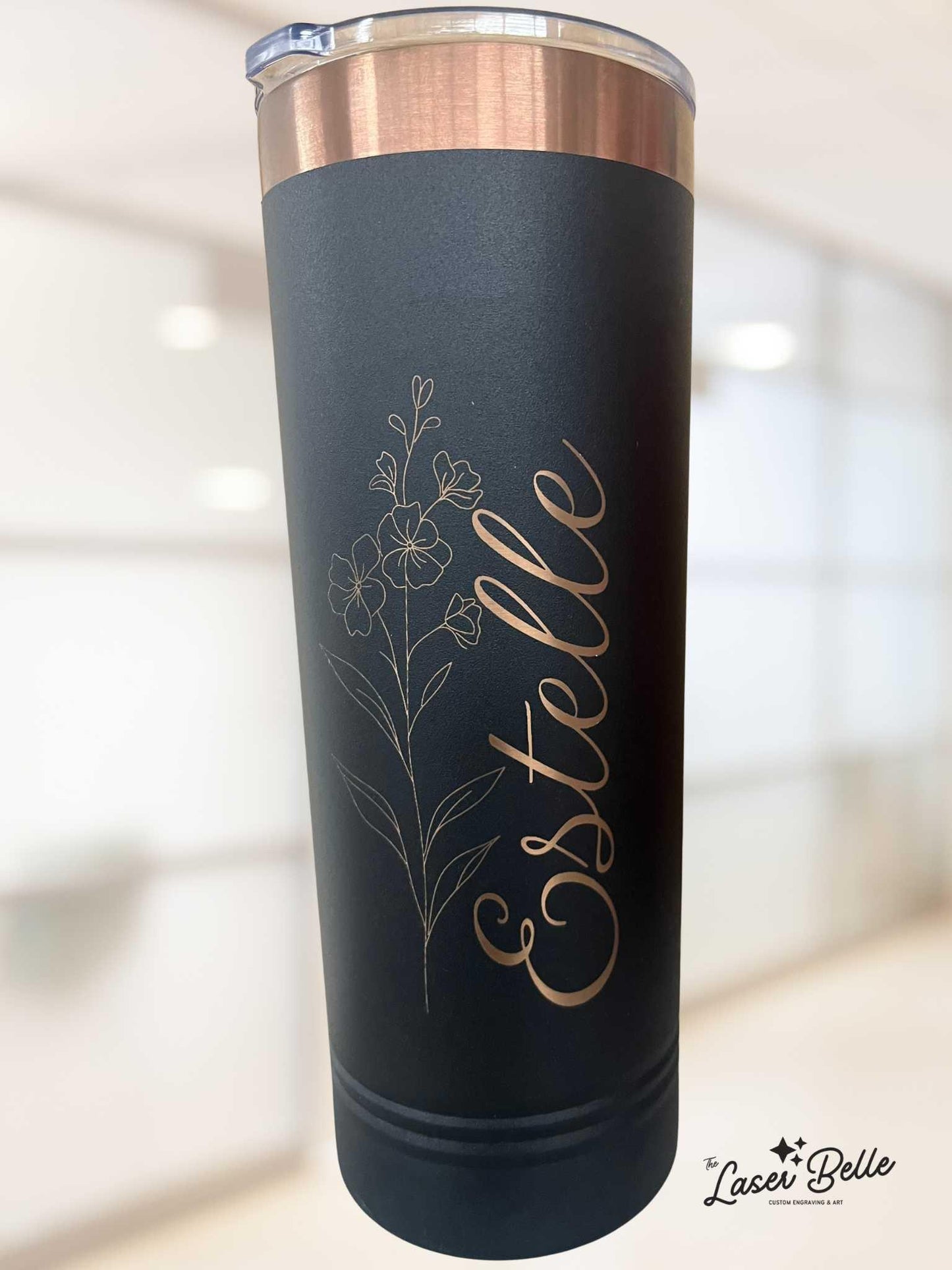 Custom 22 oz Skinny Black Tumbler with Rose Gold Engraving – Professional Title + Name – Personalized Gift for Women