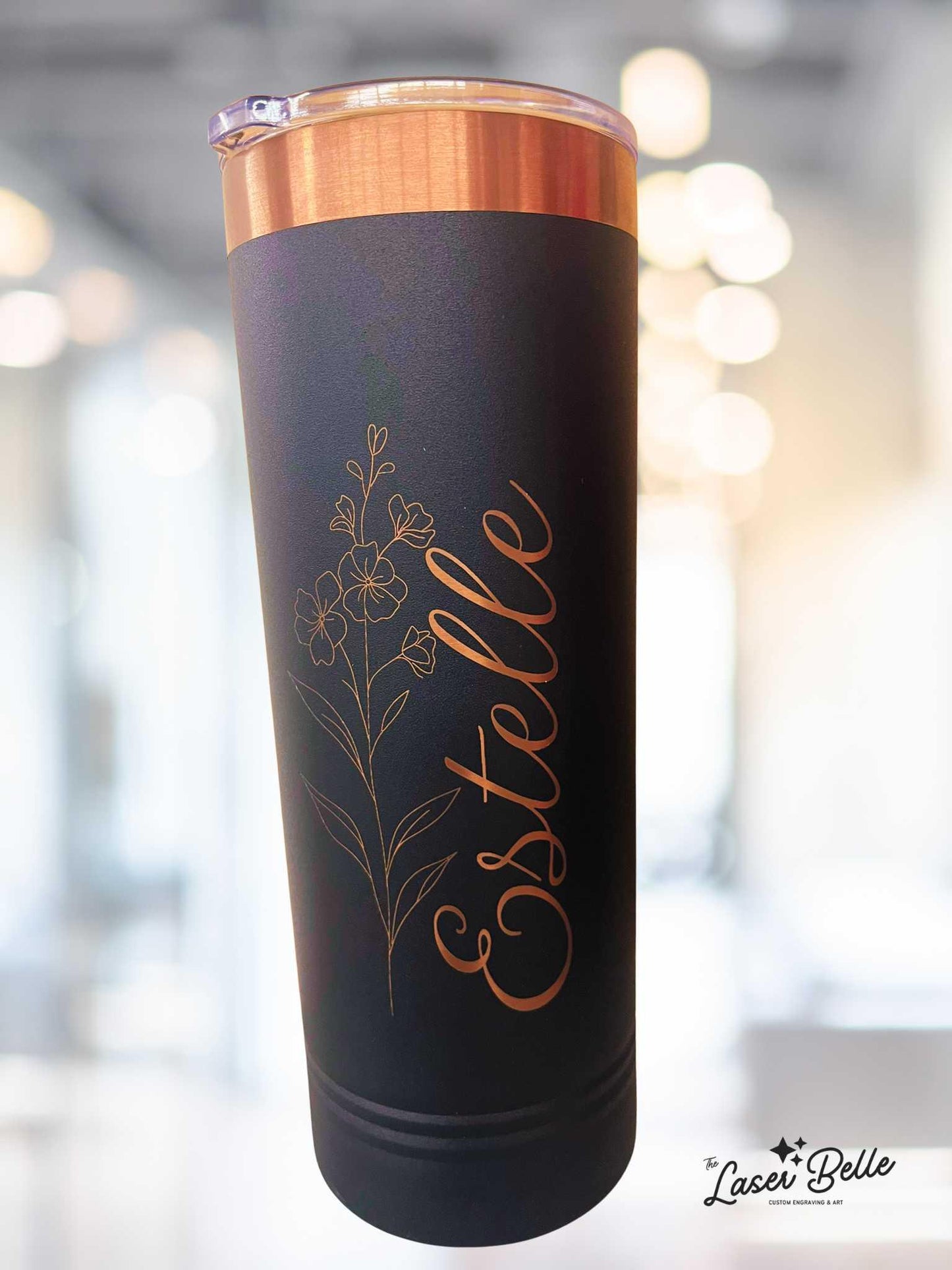 Custom 22 oz Skinny Black Tumbler with Rose Gold Engraving – Professional Title + Name – Personalized Gift for Women