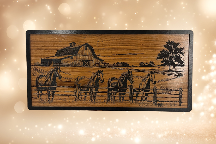 Rustic Farm And Horses Laser Engraved Wood Wall Art