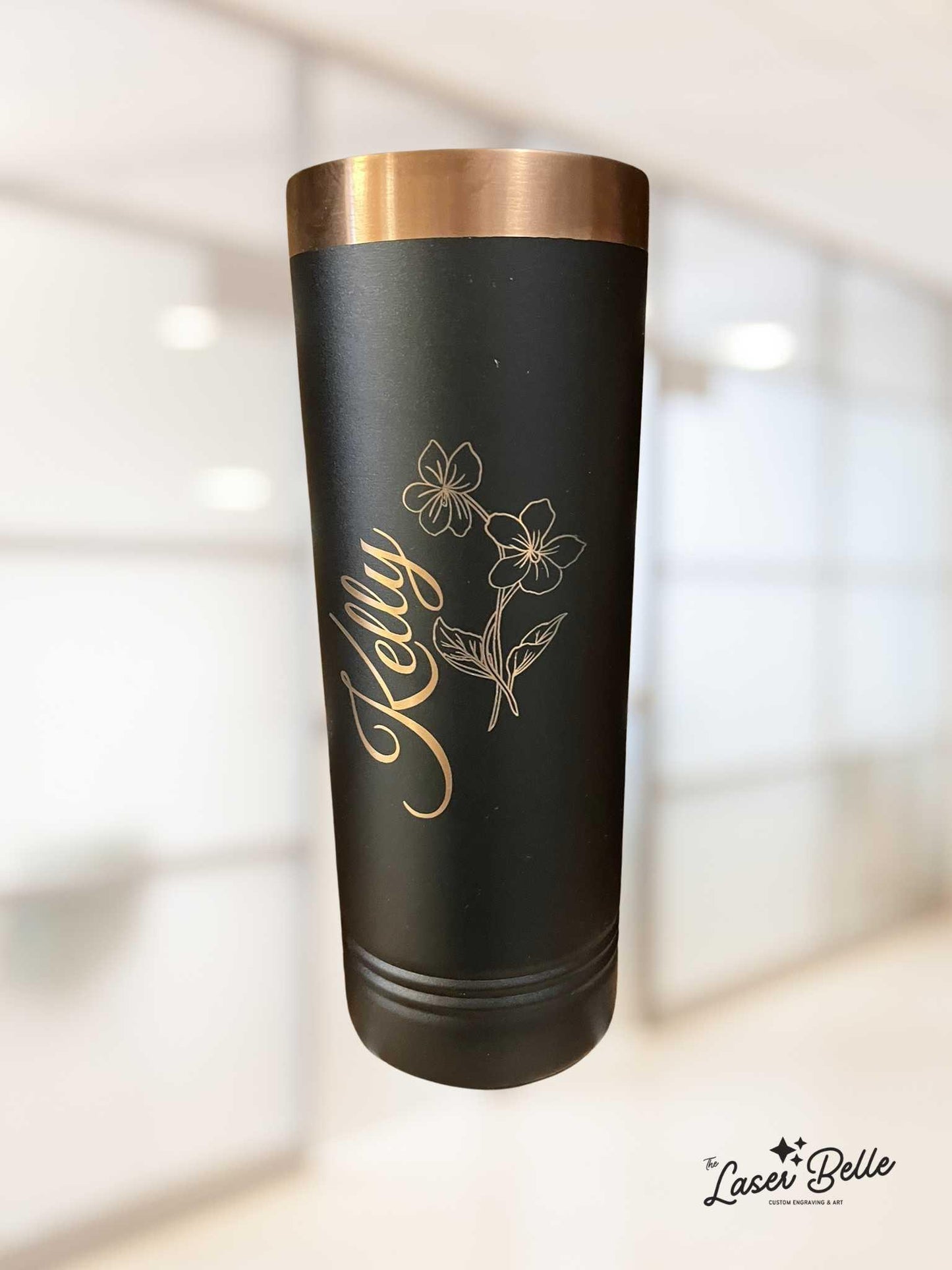 Custom 22 oz Skinny Black Tumbler with Rose Gold Engraving – Professional Title + Name – Personalized Gift for Women