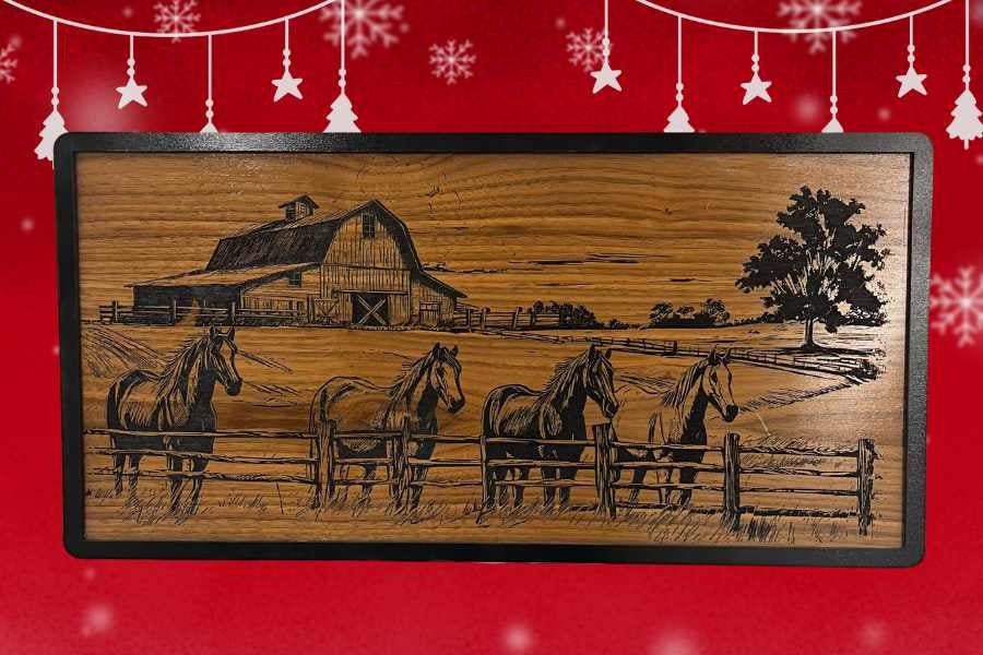 Rustic laser engraved wood wall art featuring horses and a barn
