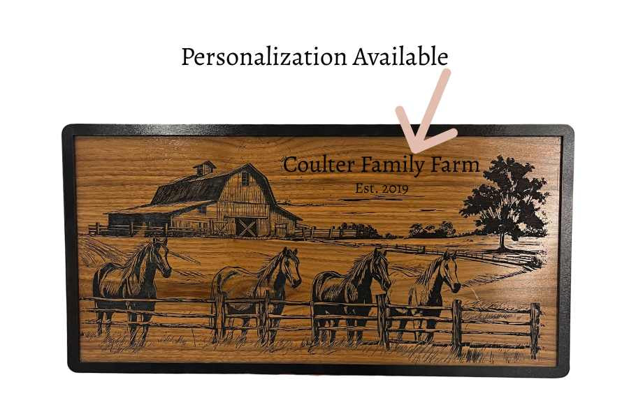 Laser engraved rustic farm scene wall art with dark frame